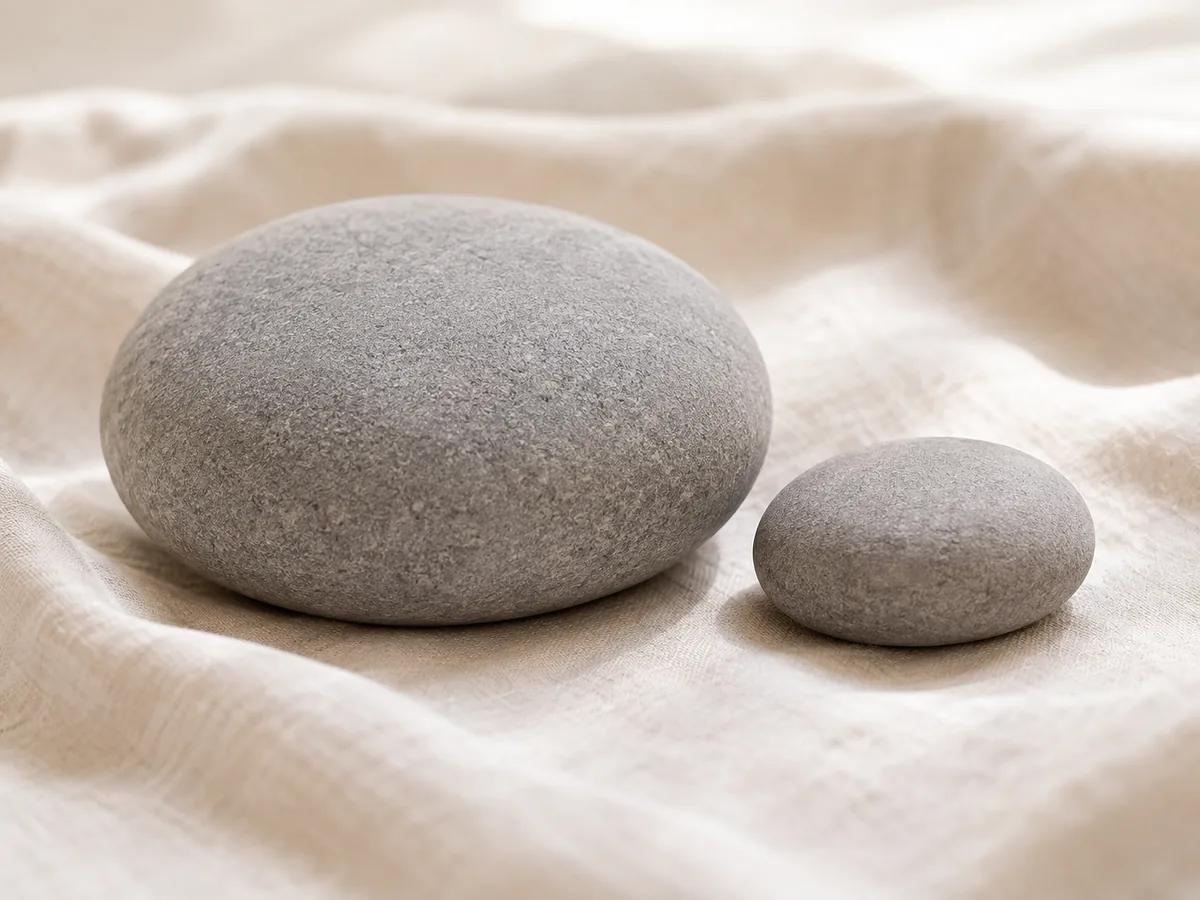 Two smooth stones of different sizes resting on folded cloth