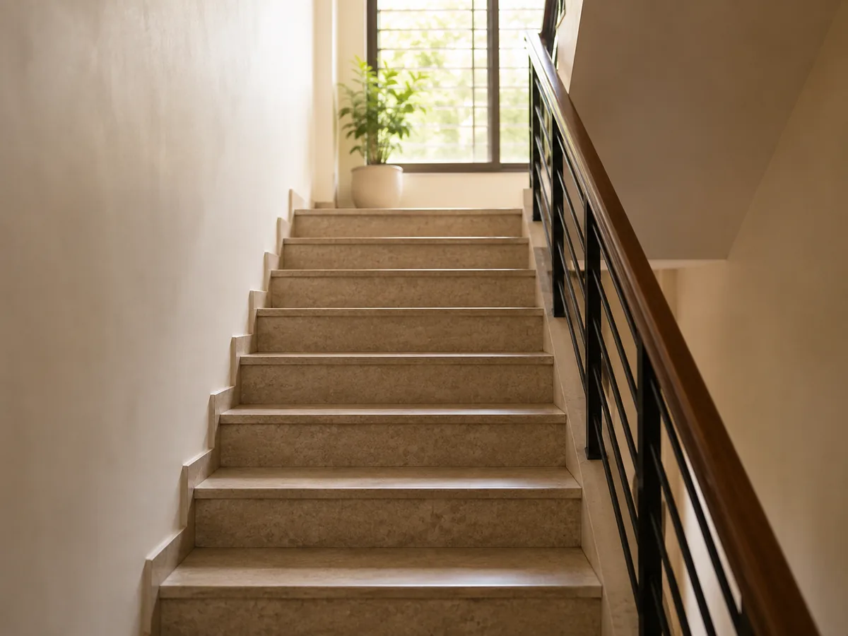 A domestic staircase in morning light