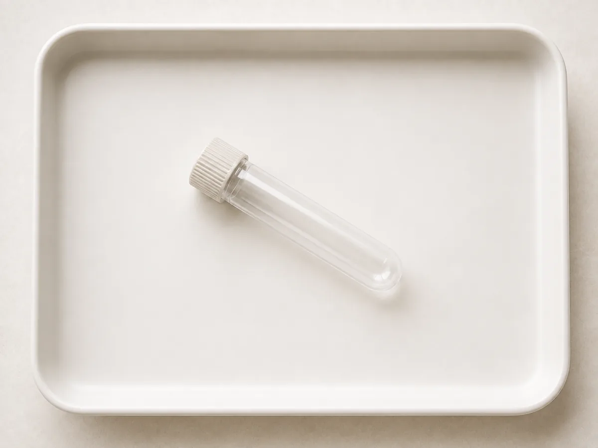 A small sealed blood collection tube on a tray