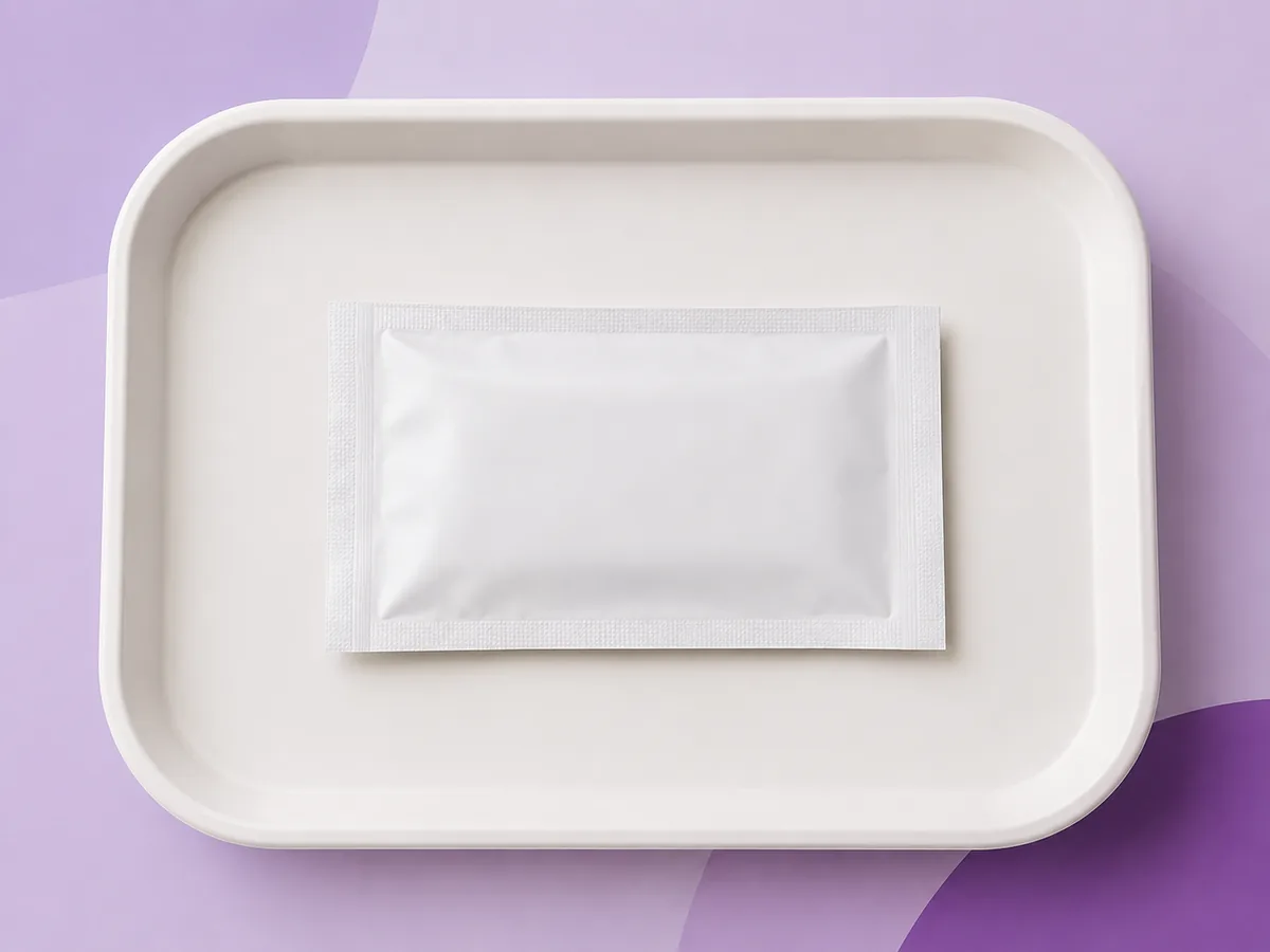 A small sealed packet on a clean tray