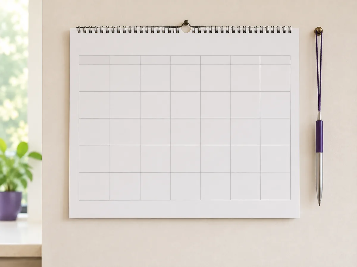 A blank monthly wall planner beside a pen
