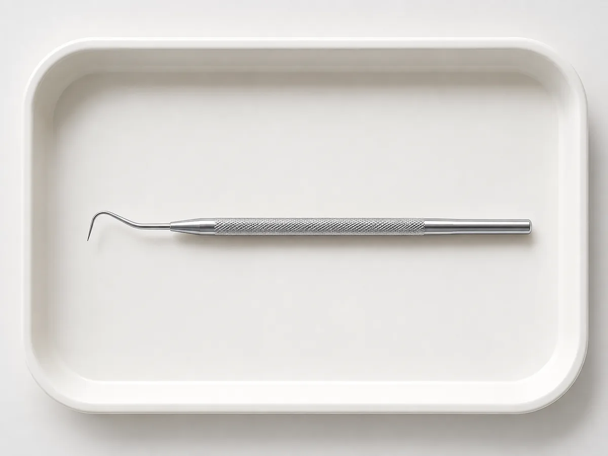 A slim dental instrument on a clean tray, for the sharp edge that rubs