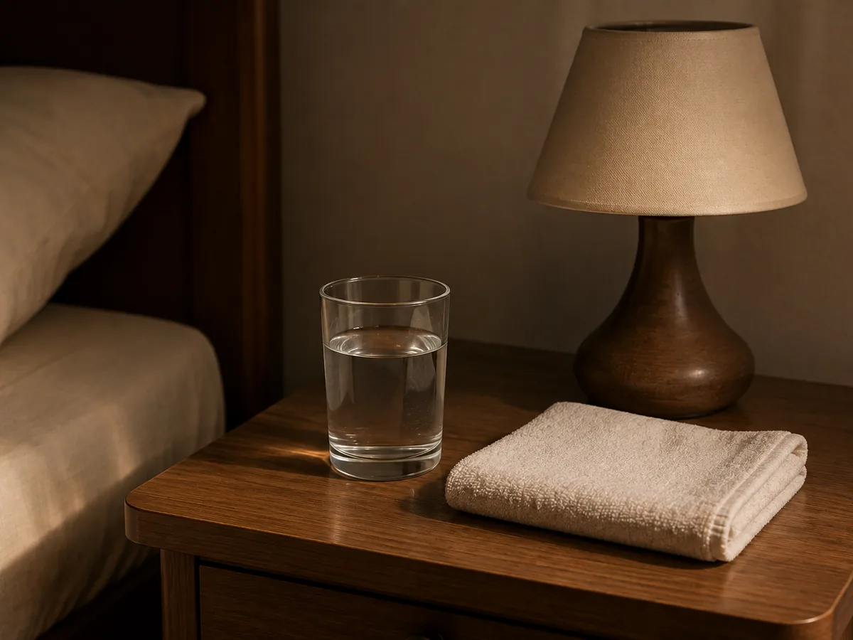 A glass of water on a bedside table beside a lamp