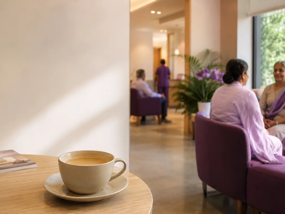 A cup of tea left untouched on a table in a waiting area