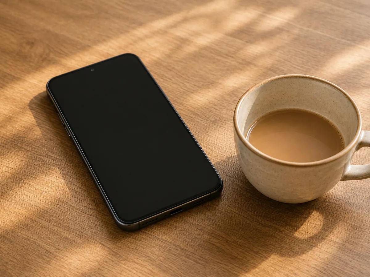 A phone on a table with a dark screen