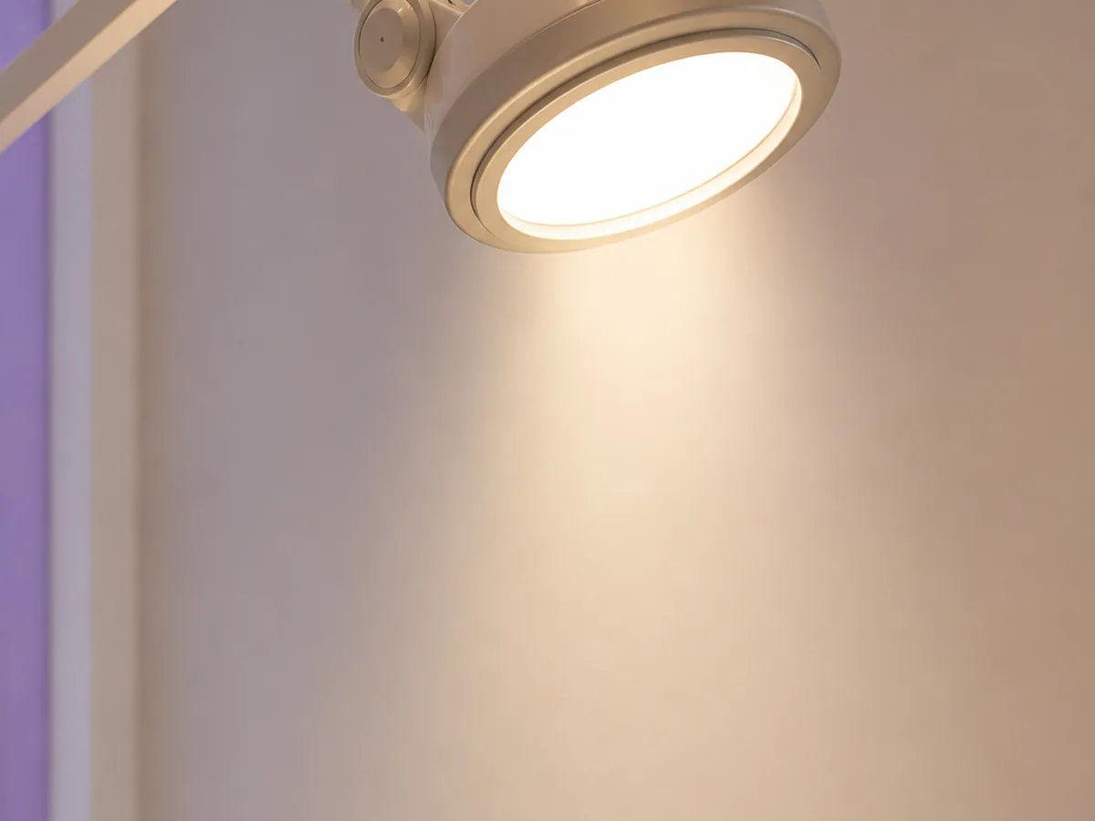 An examination light switched on against a clinic wall