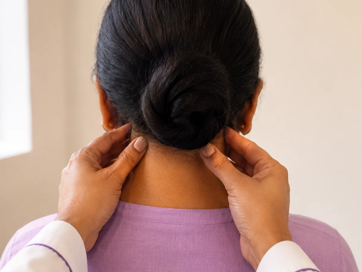 The sides of the neck felt by hand, seen from behind