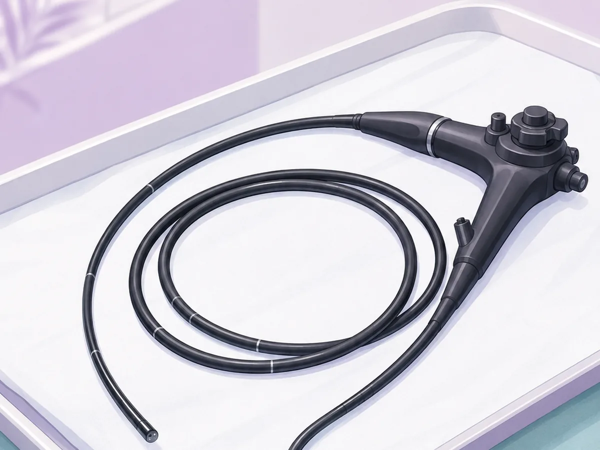 A slim flexible scope coiled at rest on a tray