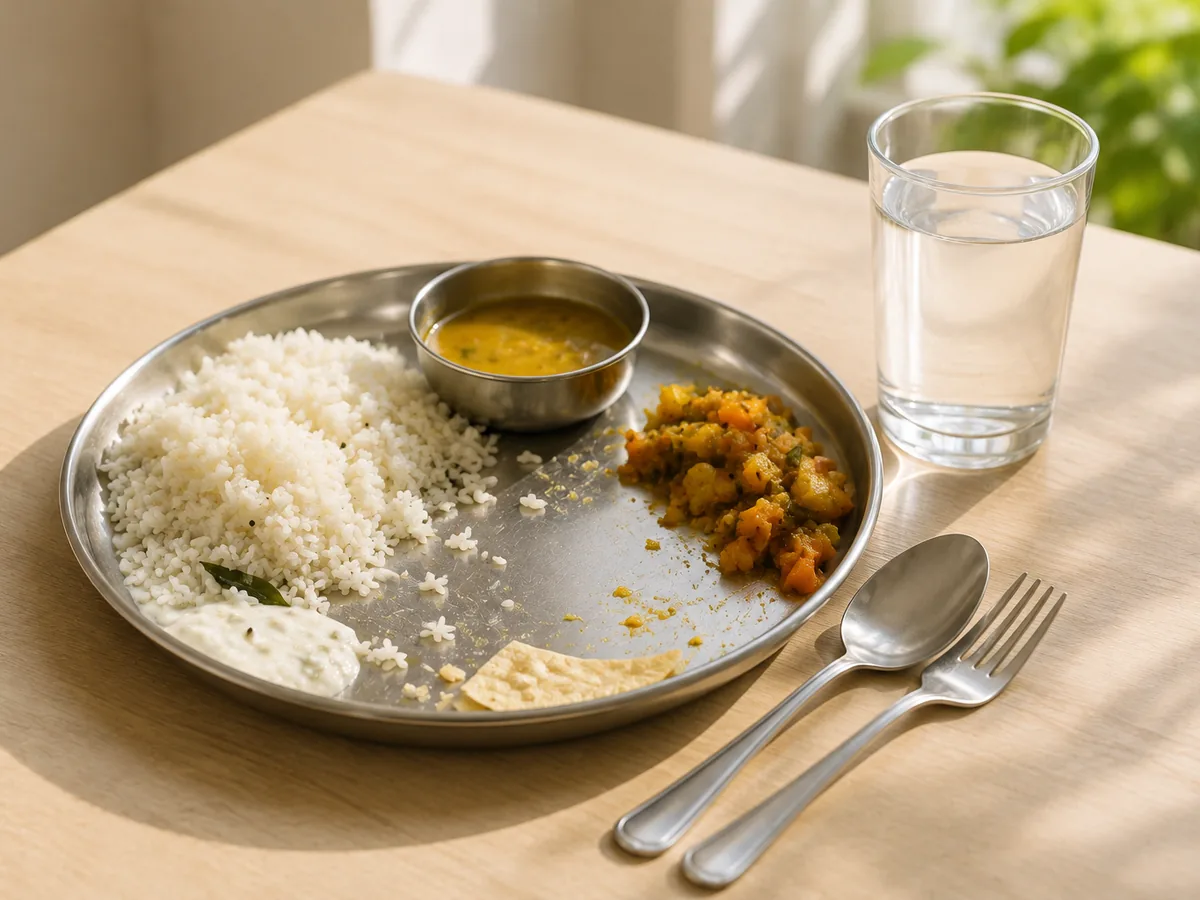 A glass of water beside a partly eaten meal