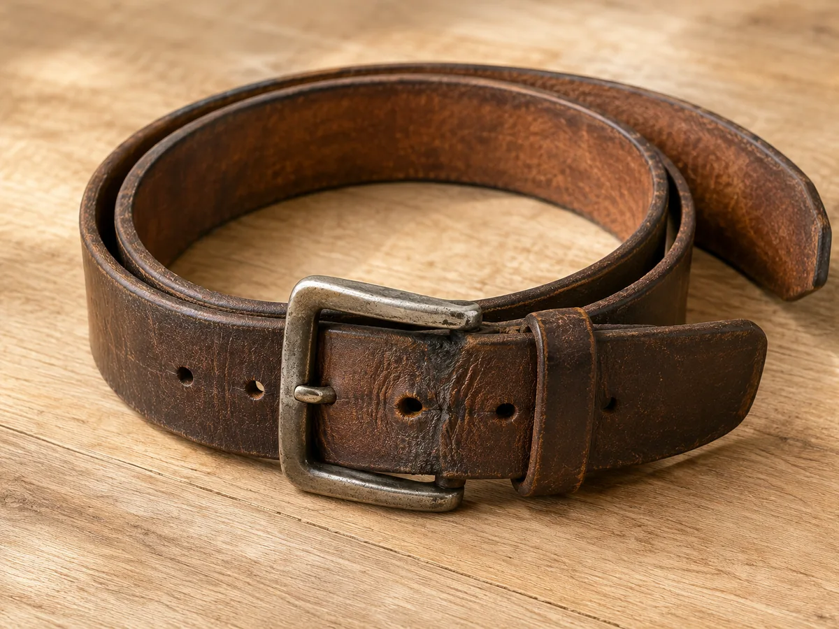 A worn leather belt coiled on a table