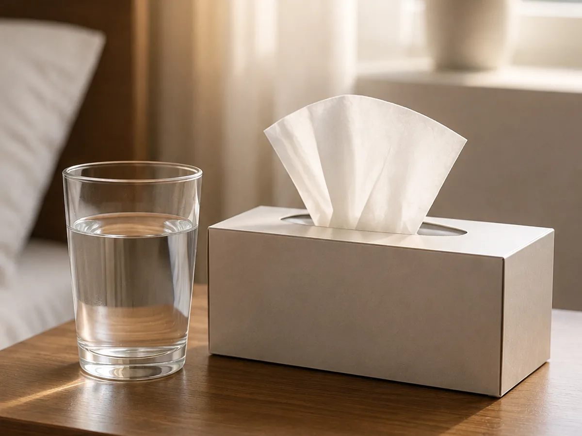 A box of tissues on a bedside table