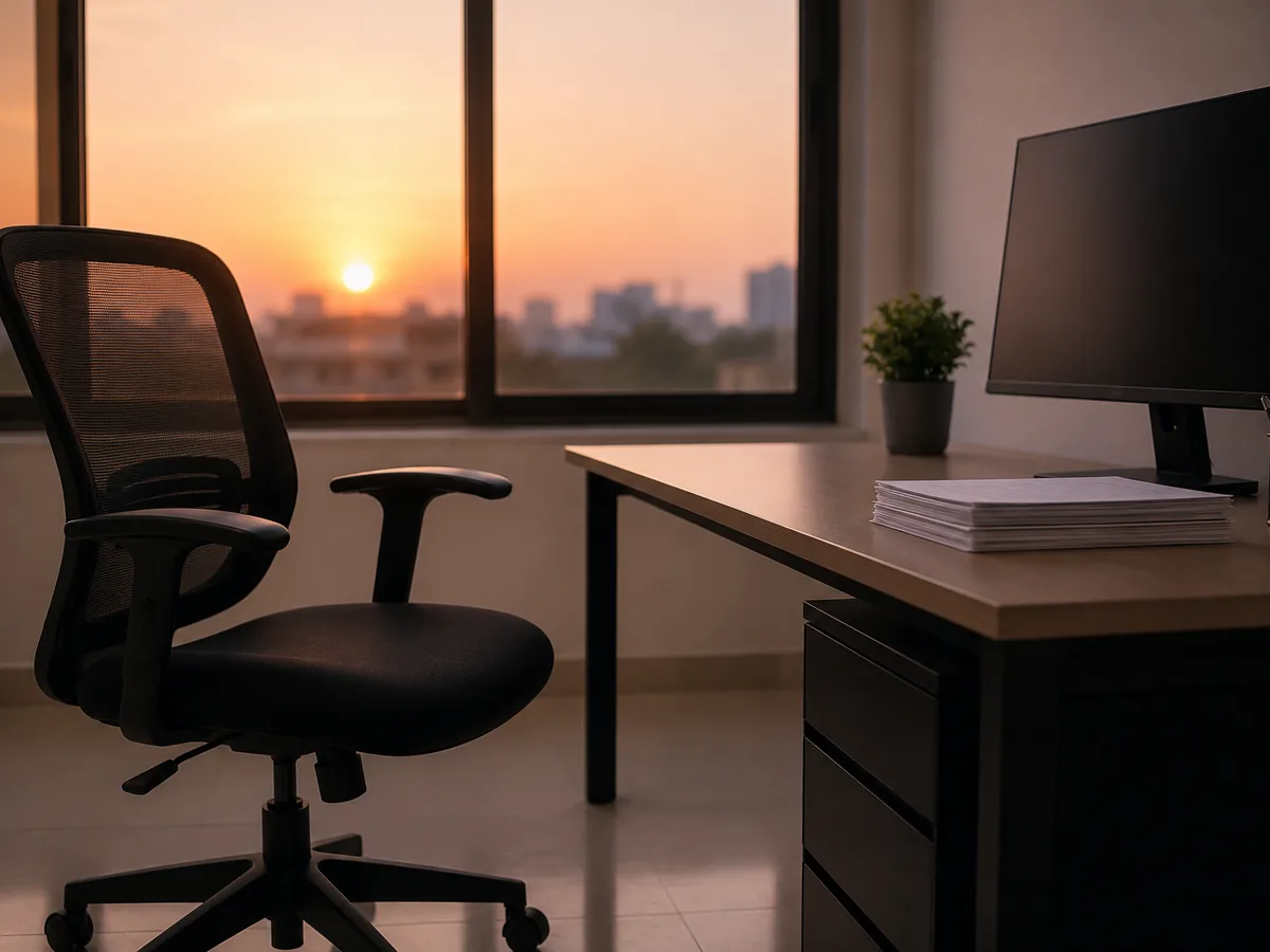 An office chair and a desk by a window at the end of the day