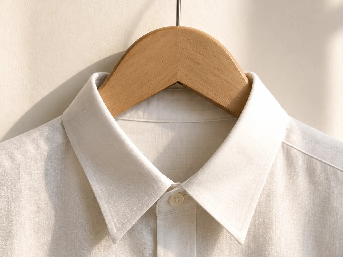A buttoned shirt collar on a wooden hanger