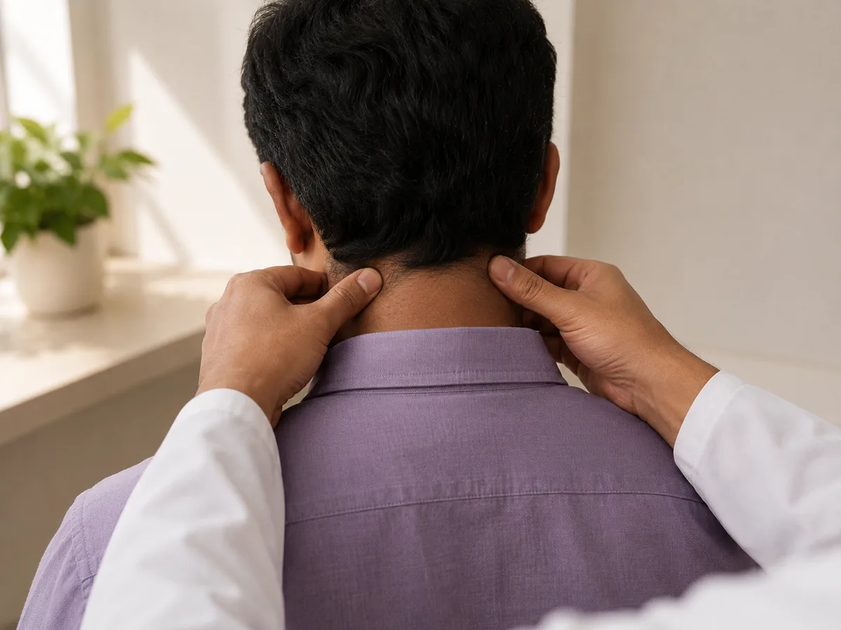 A consulting room where the neck is examined by hand