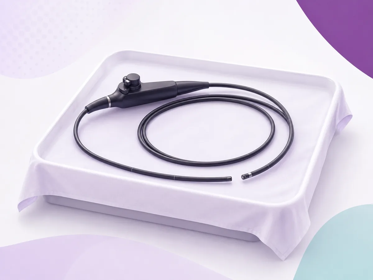 A slim flexible scope coiled on a clean tray