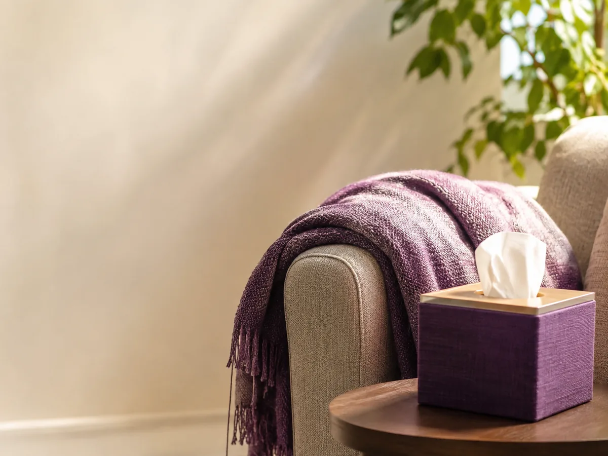 A folded blanket and tissues, for the ordinary cold