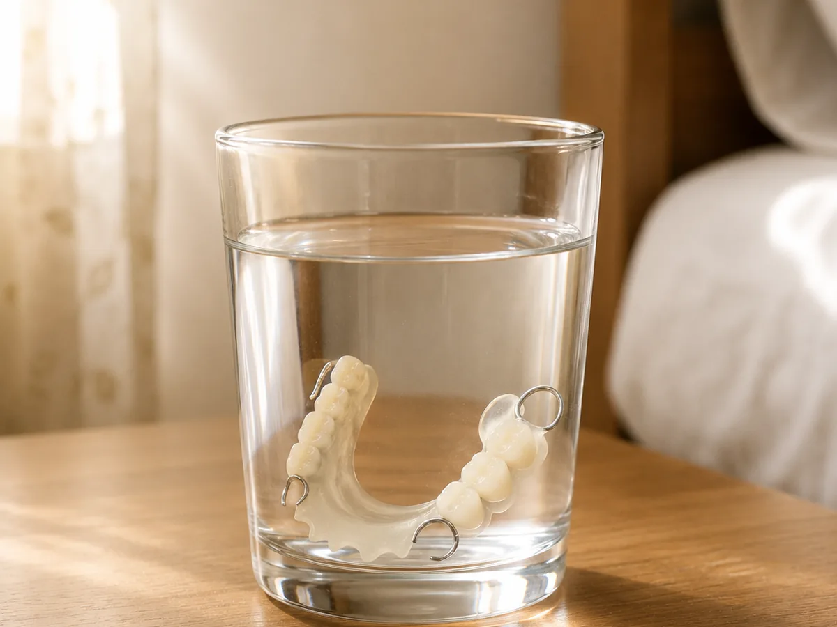 A denture in a glass on a bedside table