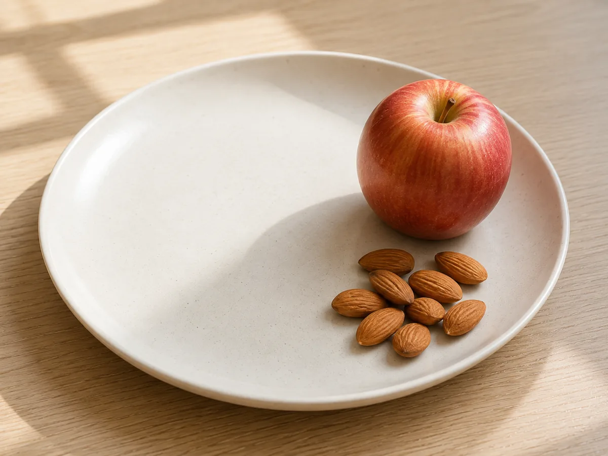 An apple and a few almonds on a plate