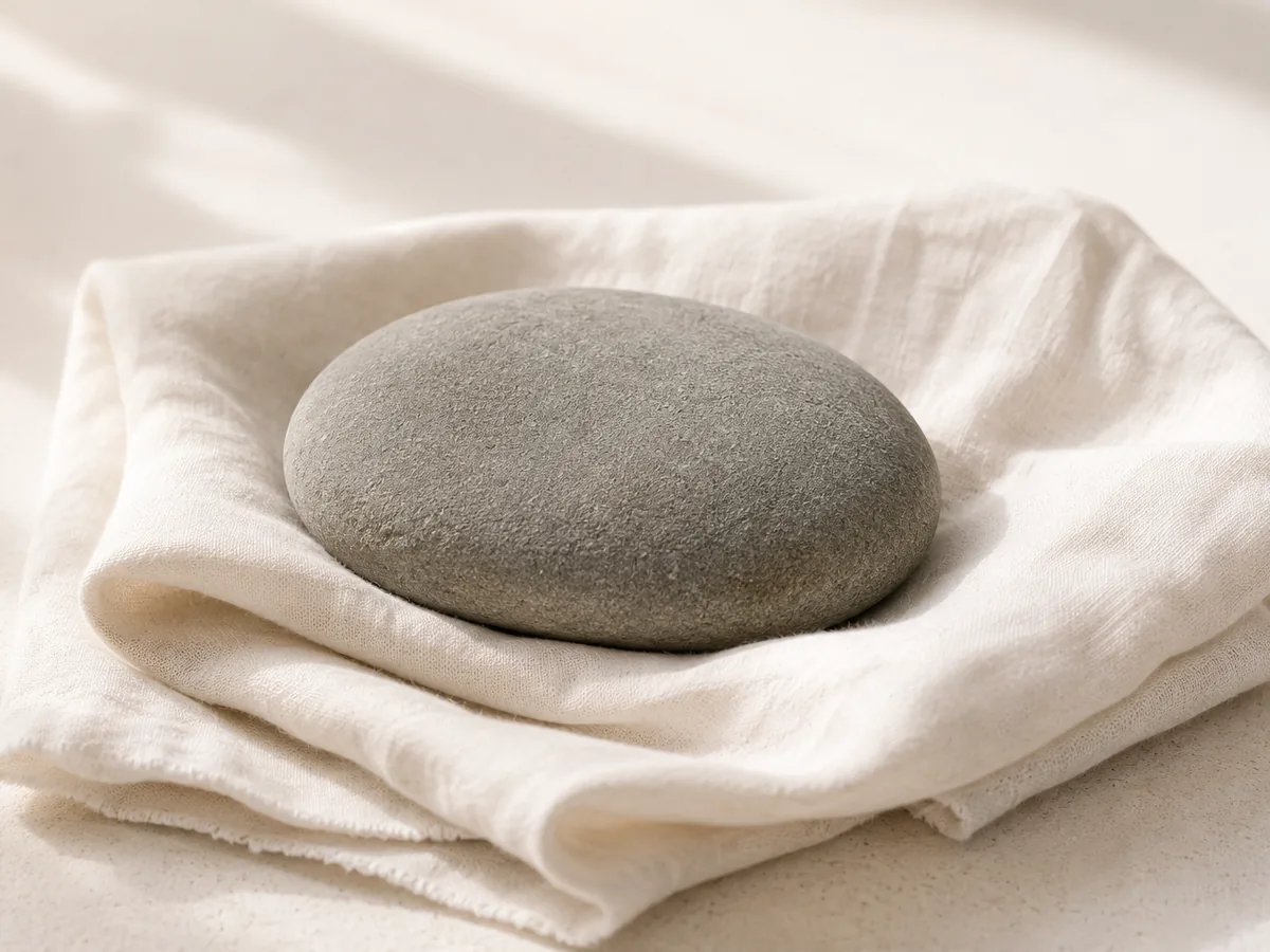 A smooth river stone on a pale surface