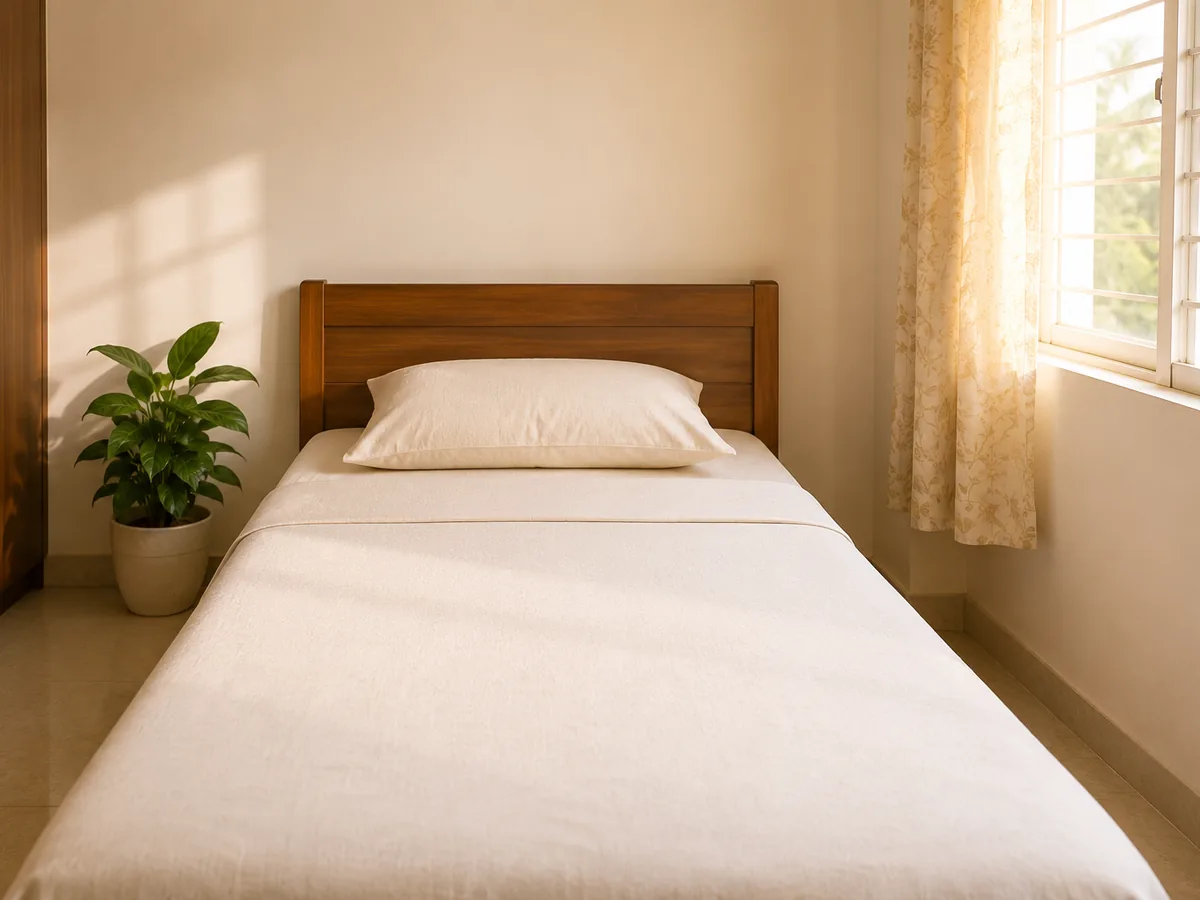A made bed in a quiet room, undisturbed