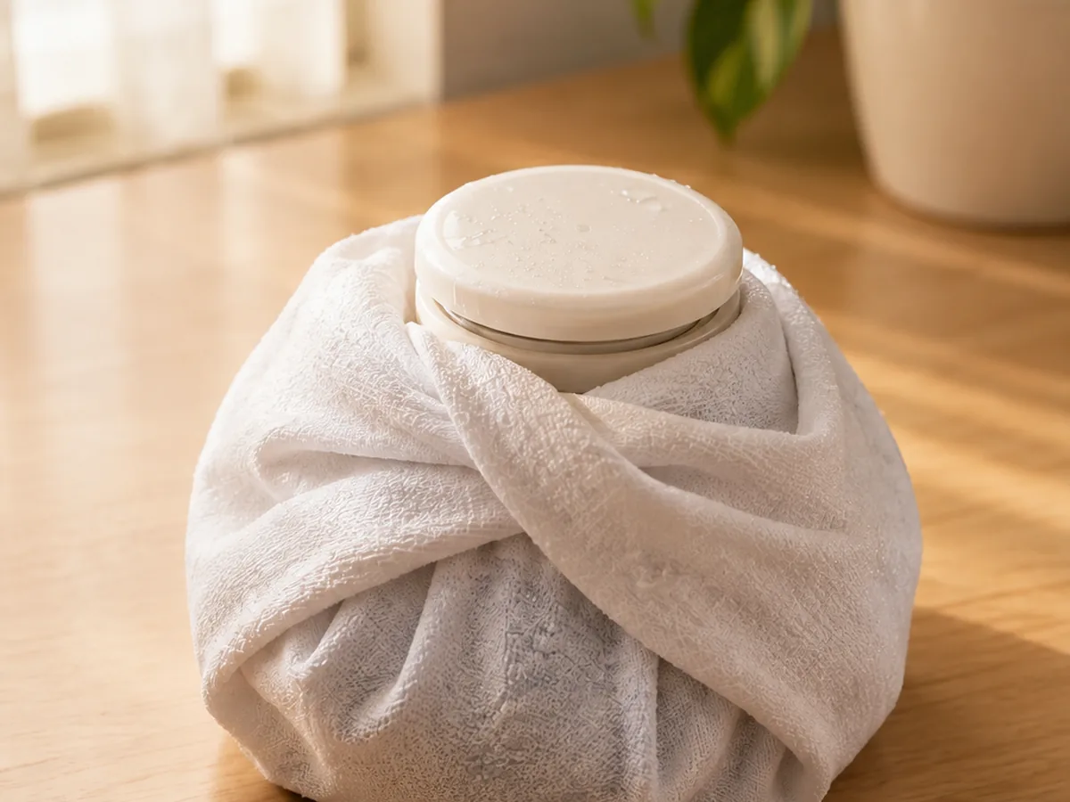 A cold compress wrapped in cloth, resting on a table