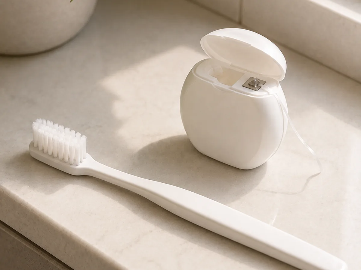 A toothbrush and floss on a bathroom counter