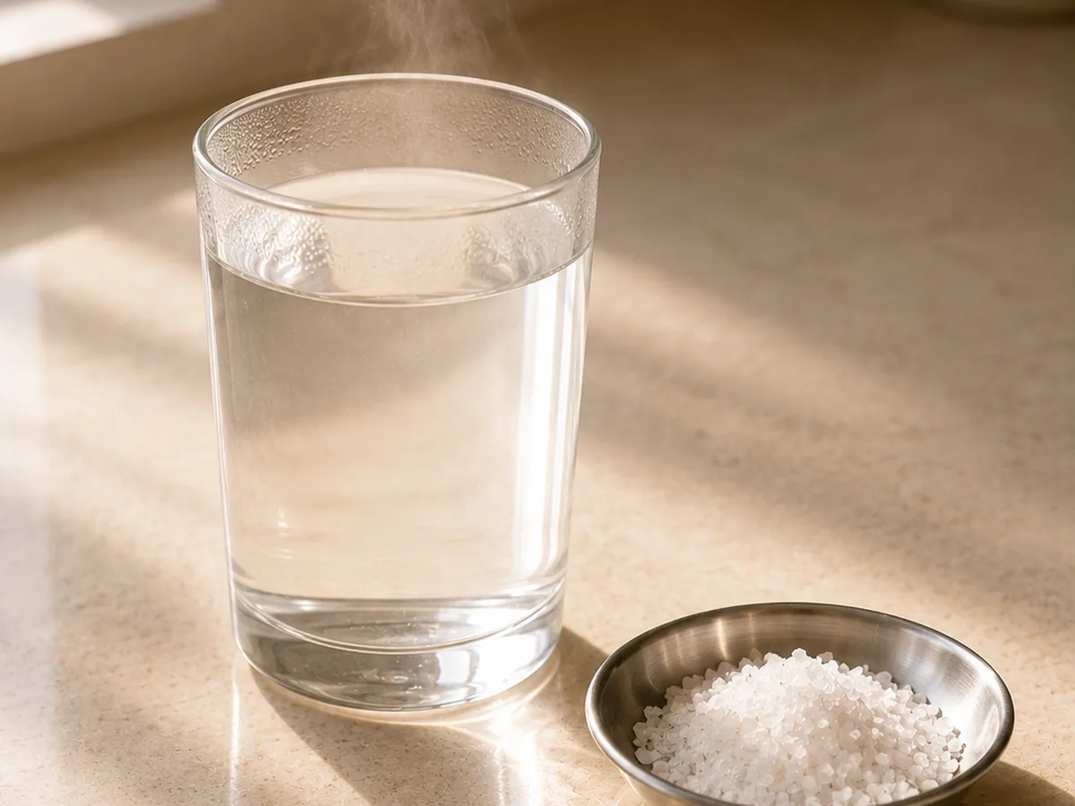 A glass of water beside a small bowl of salt, for a warm rinse
