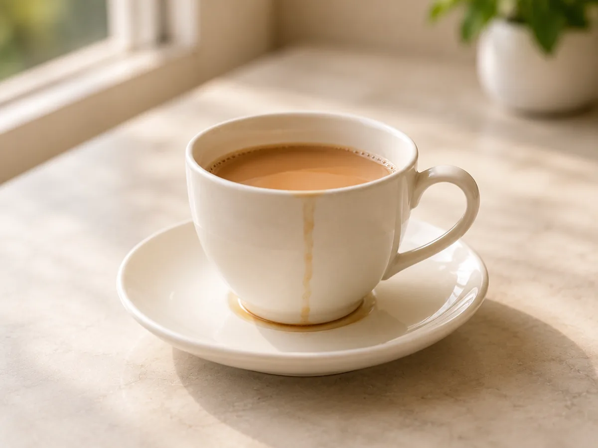 A cup of tea with a drip down the side