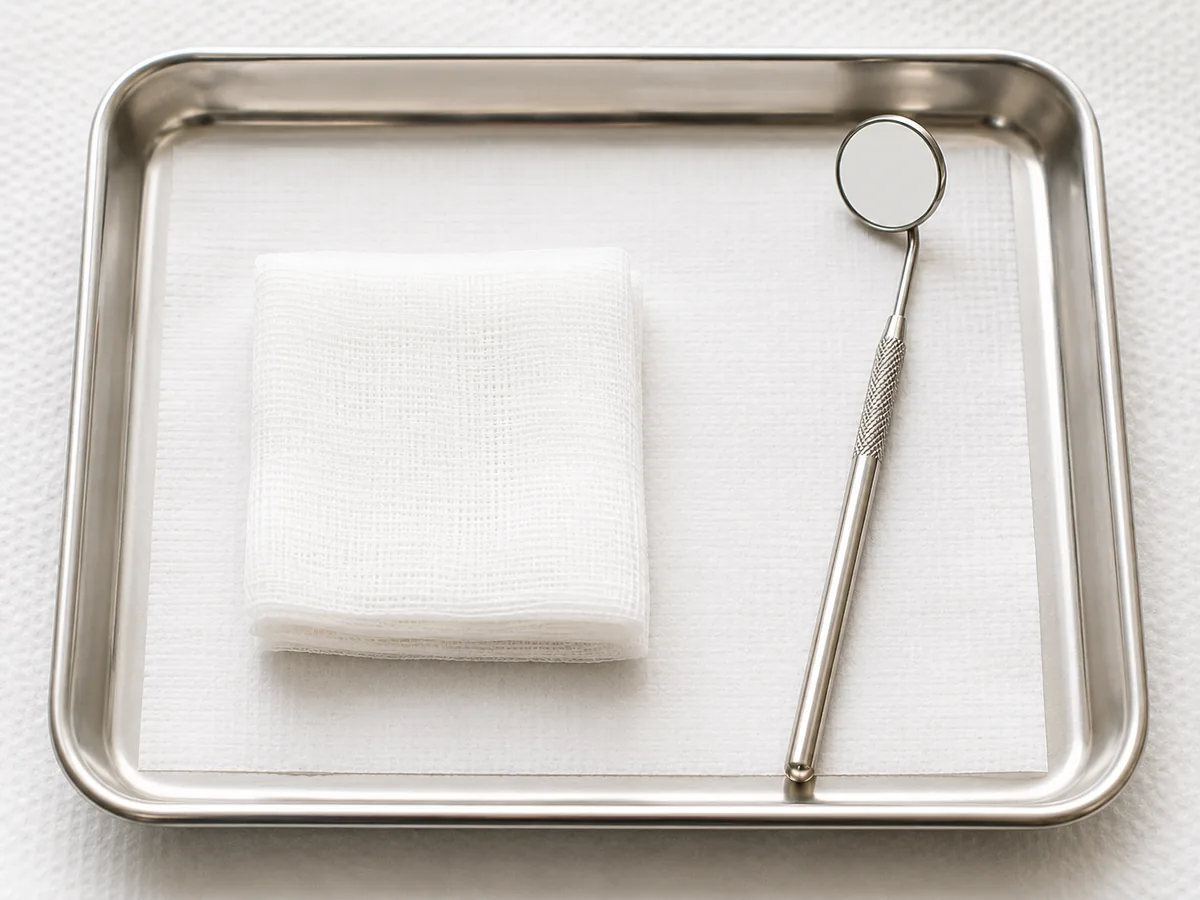 A dental mirror and gauze square on a clean tray