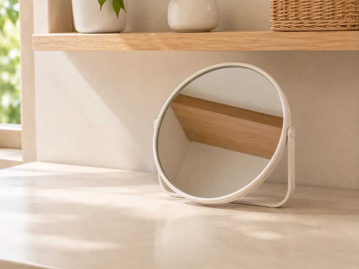A hand mirror angled to show what is normally hidden
