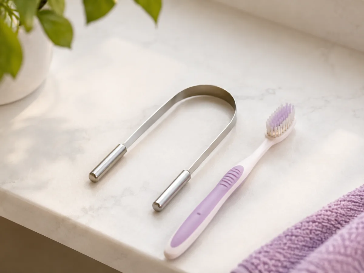 A tongue scraper and toothbrush on a bathroom shelf