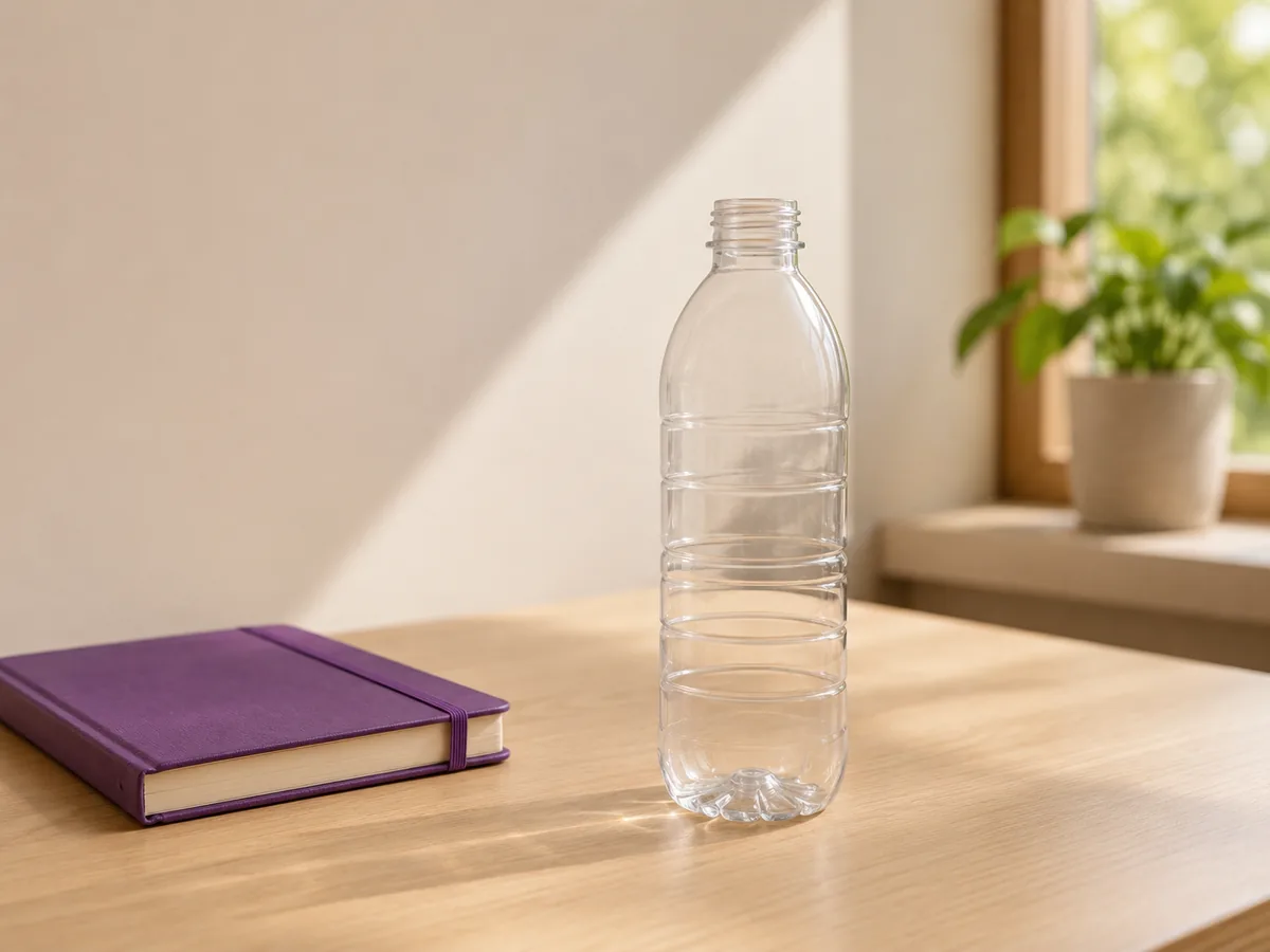 A bottle of water on a table in morning light