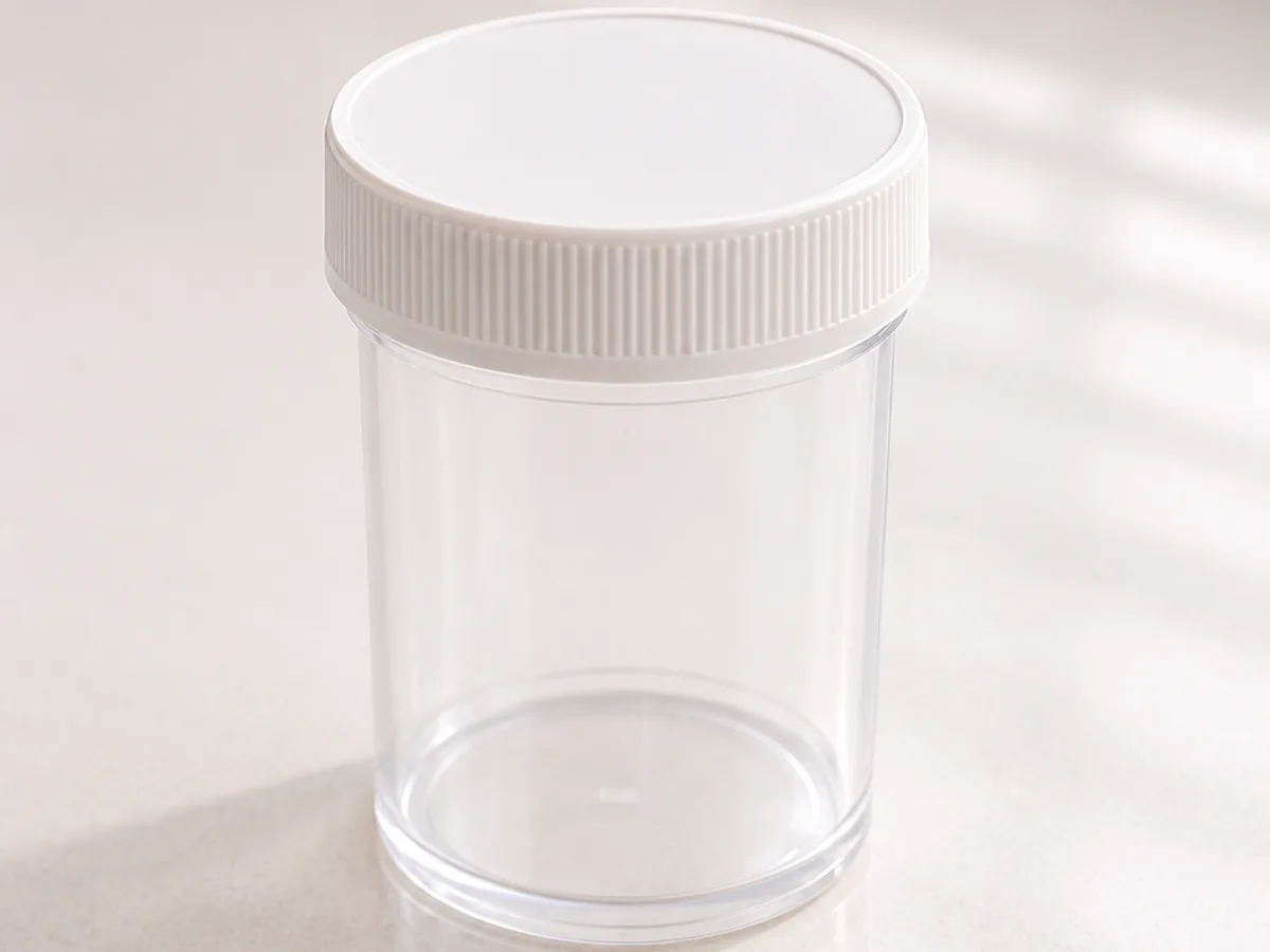A small sealed specimen pot on a covered tray