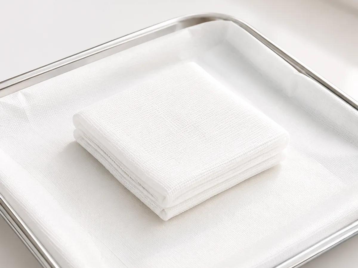 A folded gauze square on a clean tray
