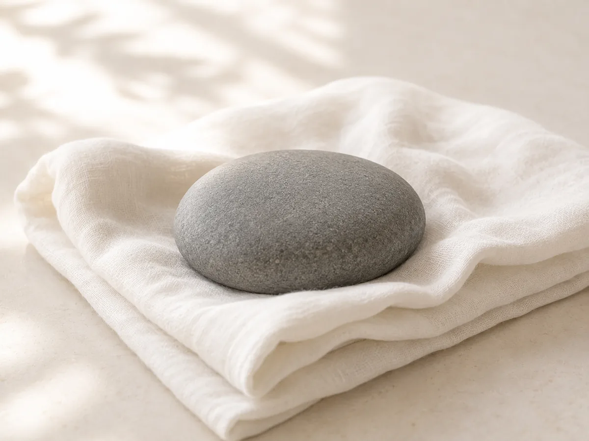 A smooth river stone resting on folded cloth