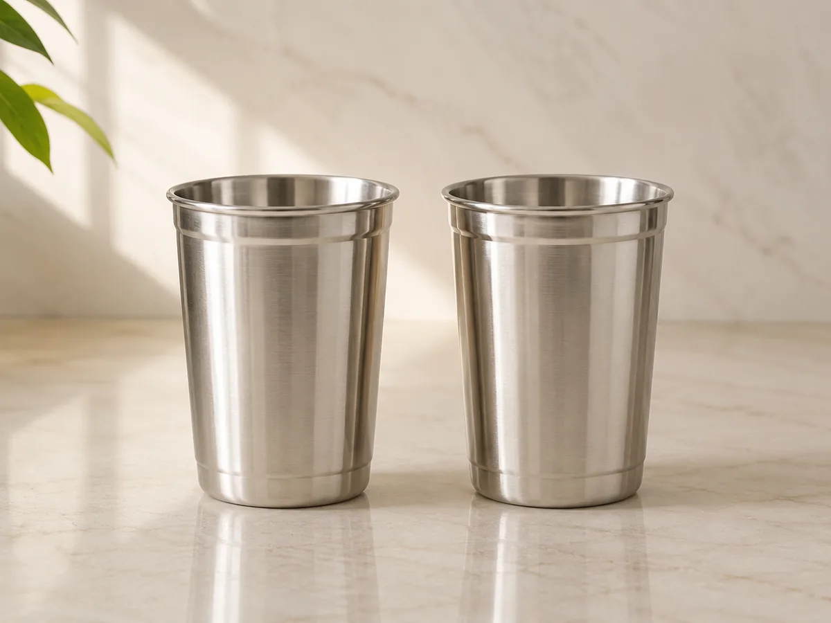 Two matching steel tumblers on a counter, for a line that looks the same on both sides