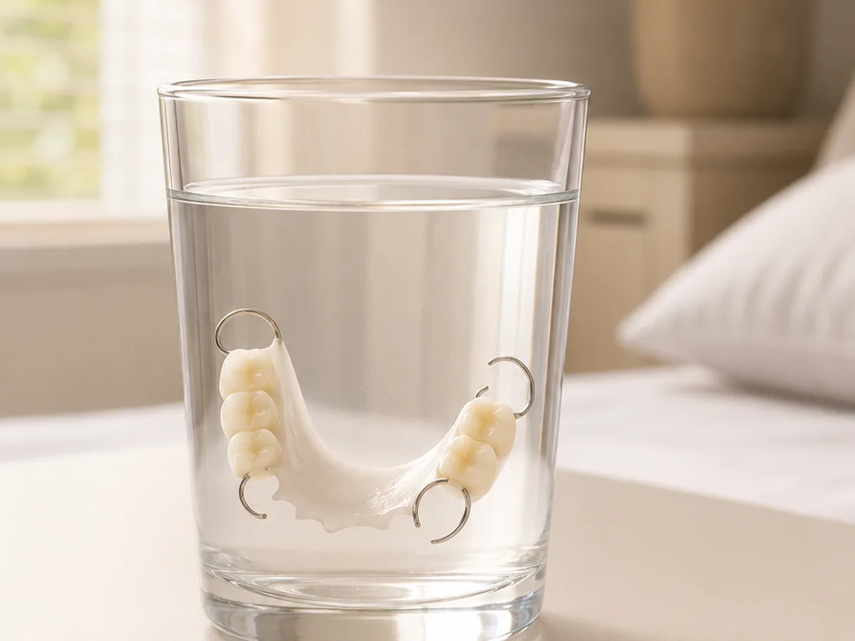 A denture in a glass on a bedside table