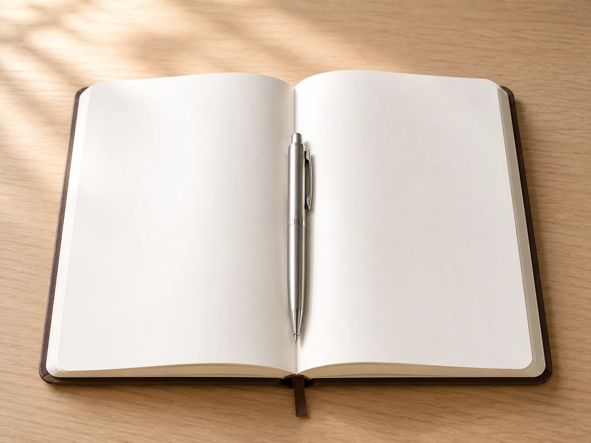 An open desk diary with a pen