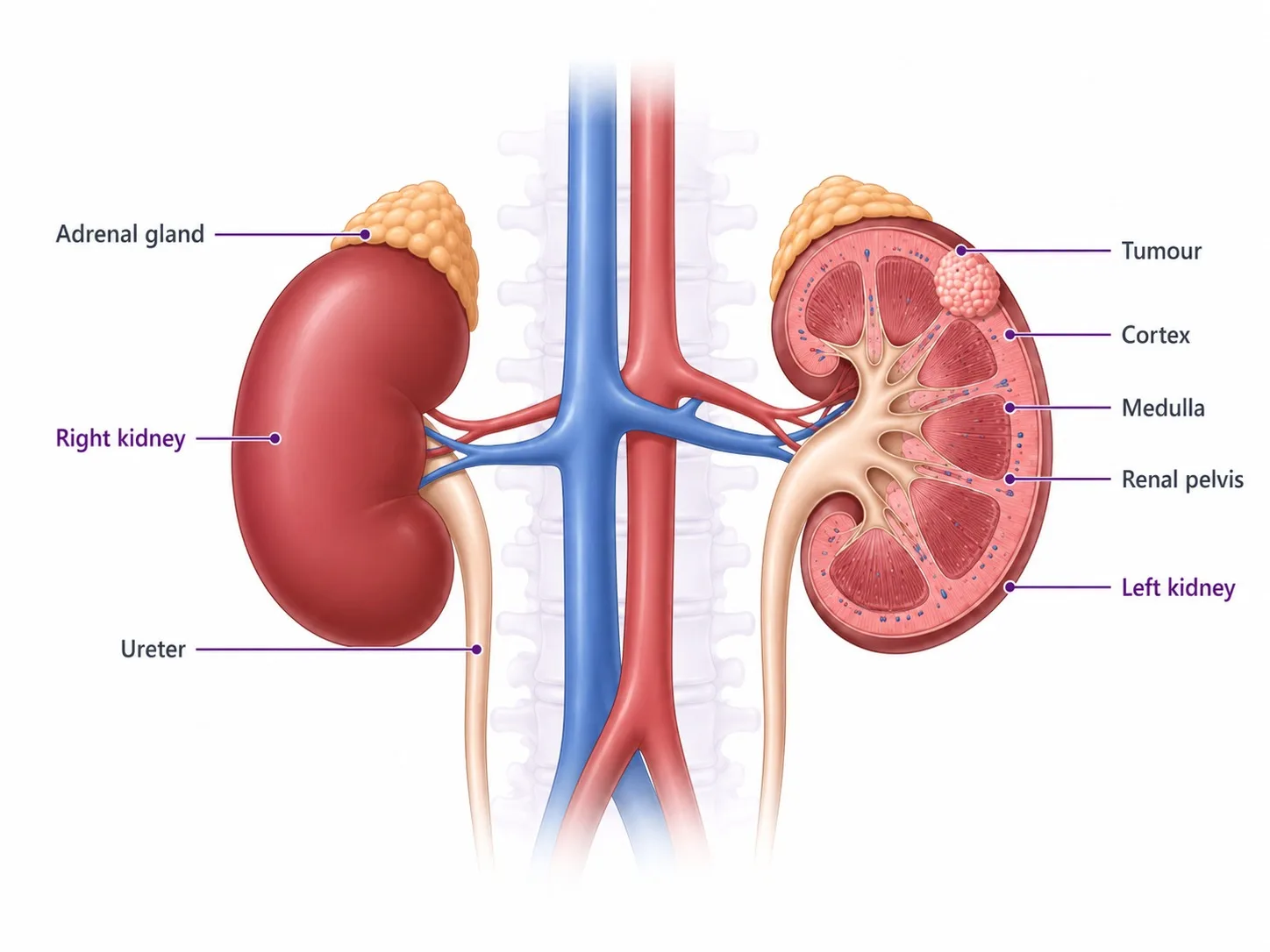 Labelled anatomy of the kidney showing where kidney cancer develops - CION Cancer Clinics